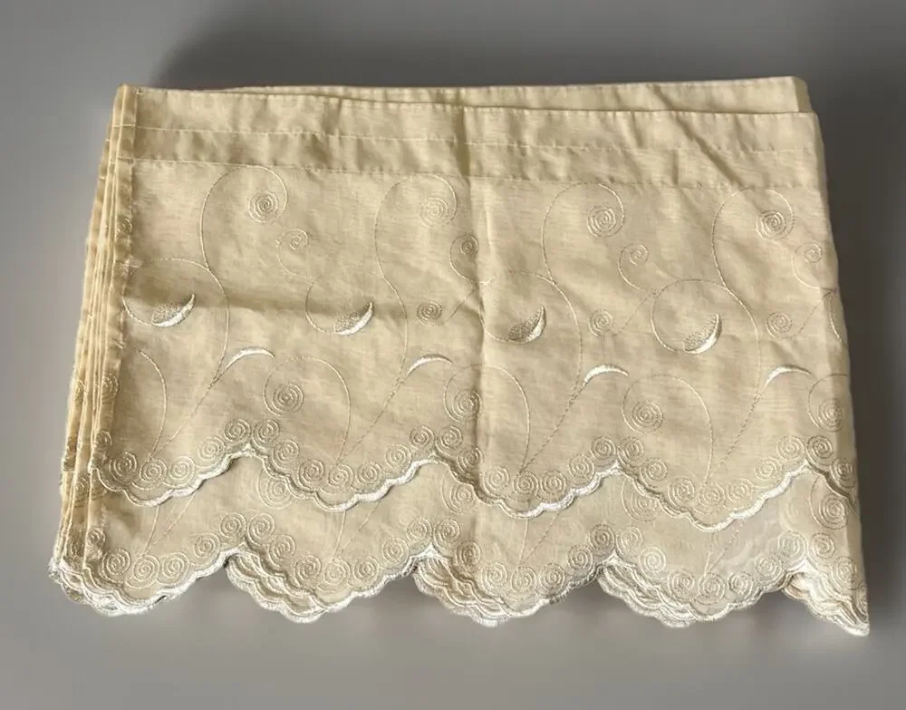 Lot of 5 Valance Tan Chiffon Embroidered Swirl Scalloped Tiered Curtain Natural